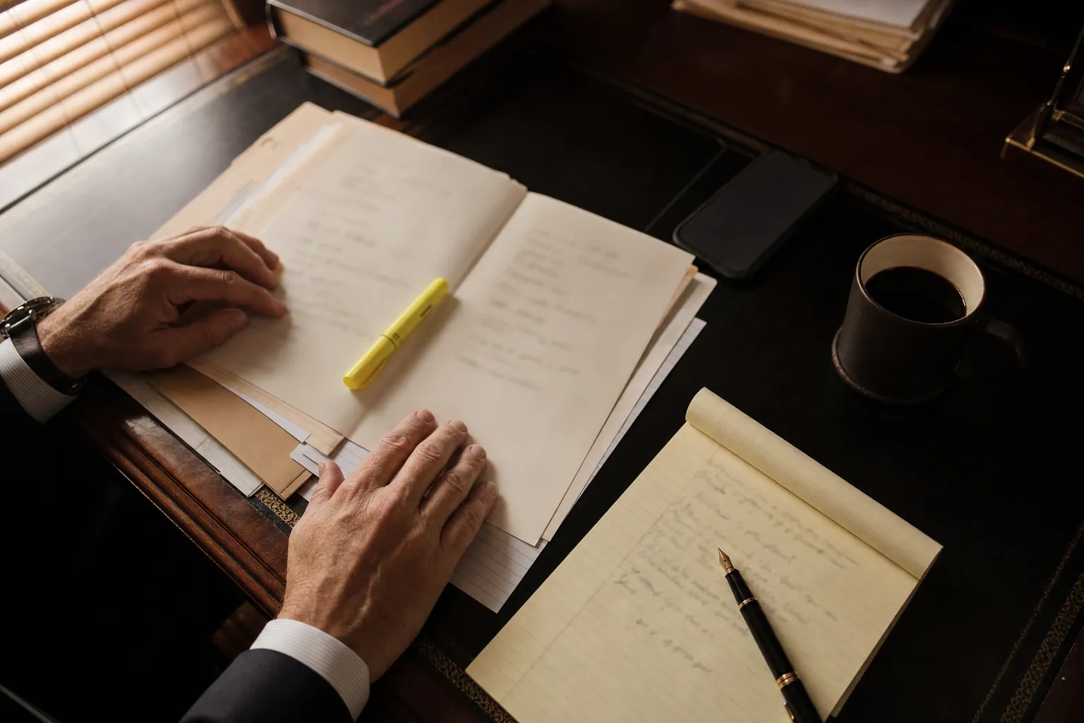 A case file, a legal pad and a pen on an attorney’s desk during a free consultation