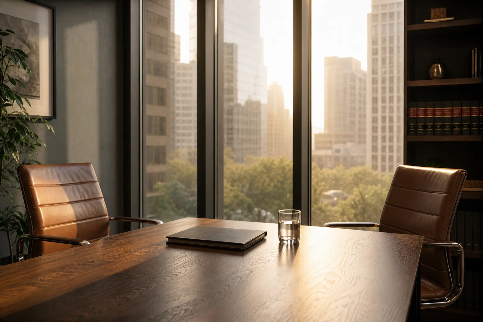 A quiet law office conference room with two chairs across a table