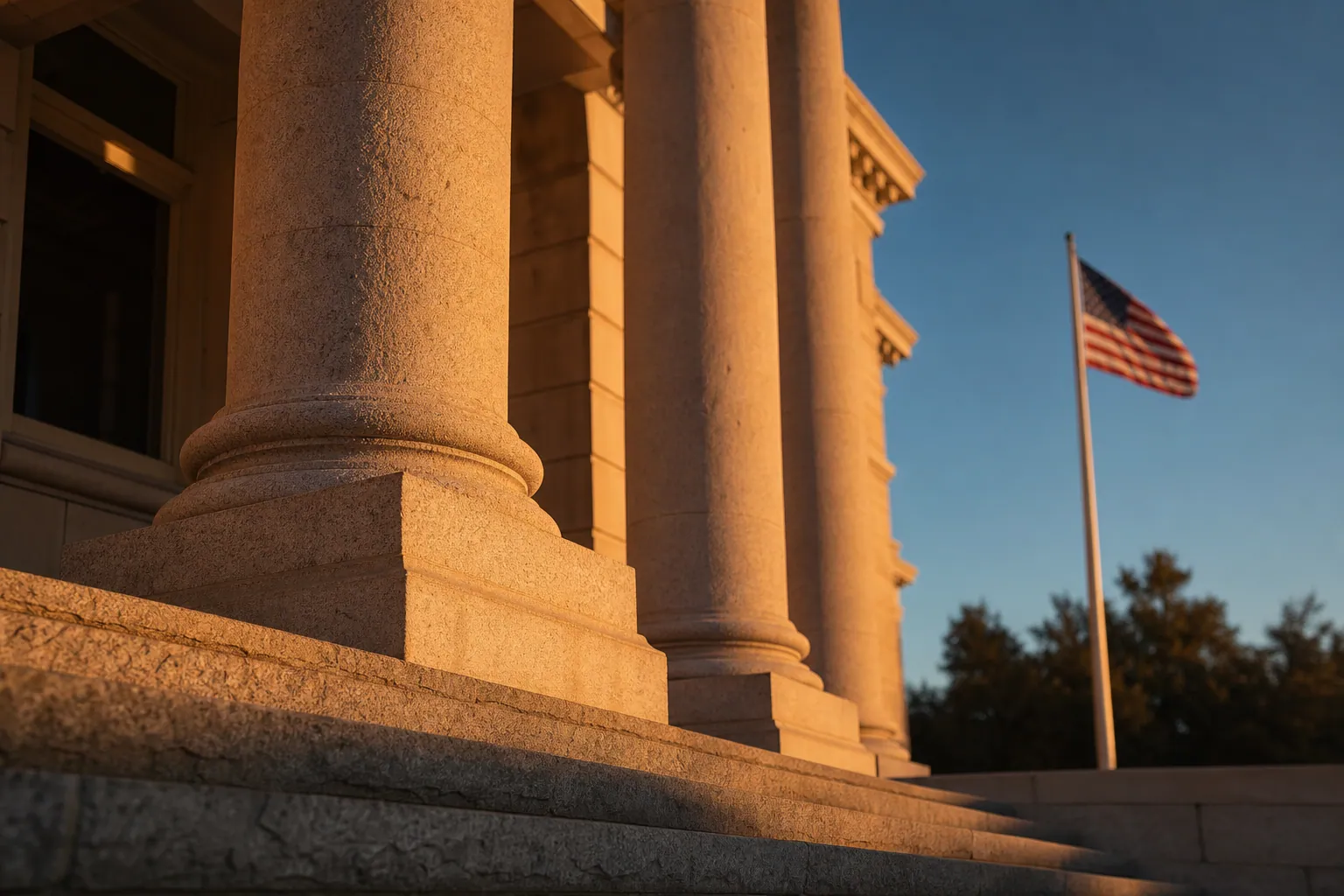 The stone columns and steps of a courthouse
