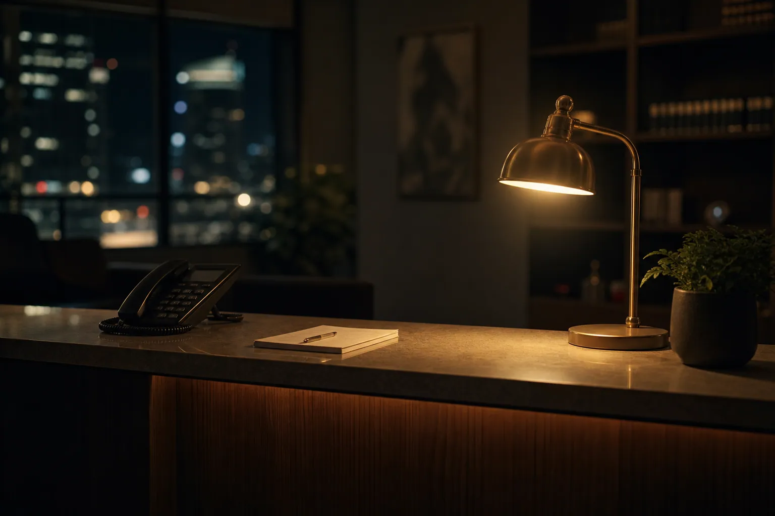 A law office reception desk at night with the lamp on